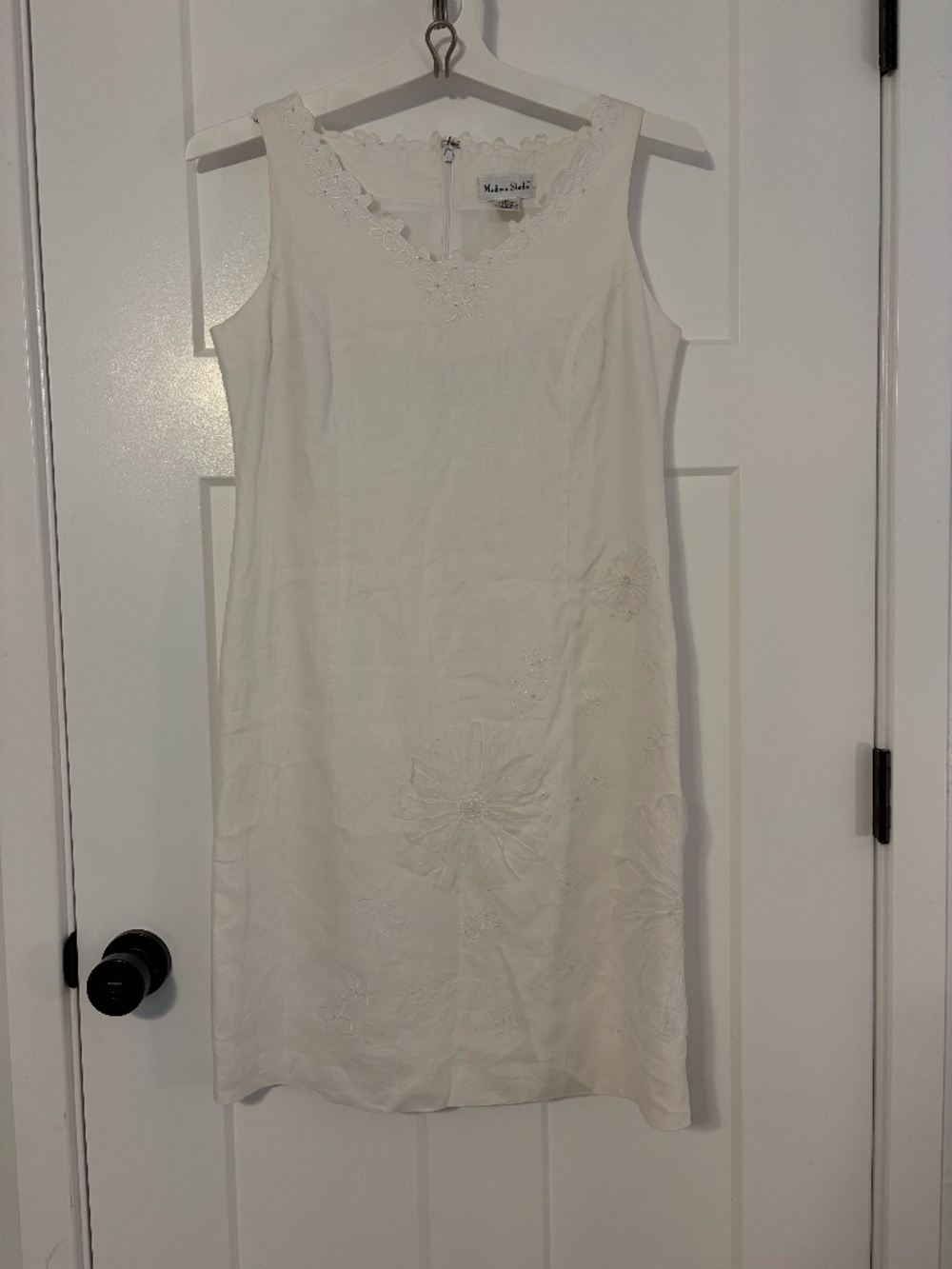 Madison Studio 100% Linen White Sheath Dress Lined Flowers Scalloped Bridal 10